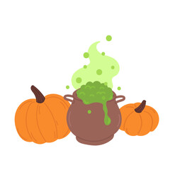 Halloween witch cauldron with boiling green potion with poison smoke near orange pumpkins in flat cartoon design. Autumn holiday celebration magician pot and witchcraft. Vector illustration isolated.