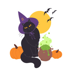 Halloween black cat in sorcerer hat sitting by witch cauldron, making potions in flat cartoon design. Cute pet wearing purple costume for autumn holiday with pumpkins. Vector illustration isolated.