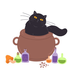 Halloween black cat sitting in witch cauldron by potion or poison bottles and mushroom in flat cartoon design. Autumn holiday celebration magician pot and witchcraft. Vector illustration isolated.