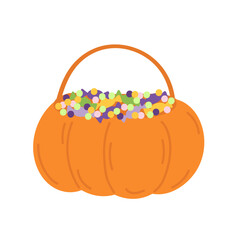 Halloween pumpkin basket with candies, dragee and toffees in flat cartoon design. Autumn holiday celebration decoration. October trick or treat symbol for festive event. Vector illustration isolated.