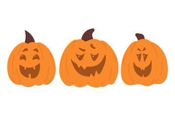 Halloween pumpkins with different facial expressions in flat cartoon design. Autumn holiday celebration creepy carving lanterns with playful, smile or laughing emotions. Vector illustration isolated.