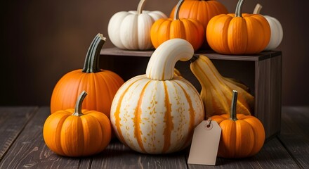 Vibrant harvest of assorted pumpkins and gourds artfully arranged on rustic wooden surface, evoking autumn's cozy charm and festive spirit.