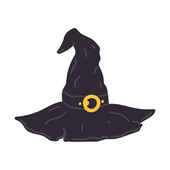 Halloween witch hat in flat cartoon design. Autumn holiday celebration creepy symbol and accessory. Traditional magician headdress with pointy shaped and golden buckle. Vector illustration isolated.