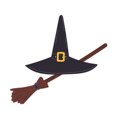 Halloween witch hat and broom in flat cartoon design. Autumn holiday celebration creepy symbol. Magician headdress with pointy shaped and golden buckle and broomstick. Vector illustration isolated.