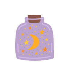 Halloween purple magic bottle with stars and moon in flat cartoon design. Autumn holiday decoration. Alchemy elixir in glass jar with cork. Witchcraft liquid mixture. Vector illustration isolated.