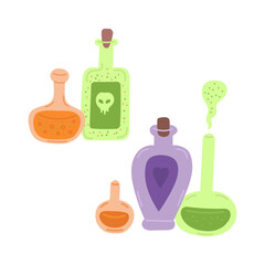Halloween magic bottles with potions in flat cartoon design. Autumn holiday decoration. Alchemy elixir in glass containers with cork, witch liquid poison mixtures. Vector illustration isolated.