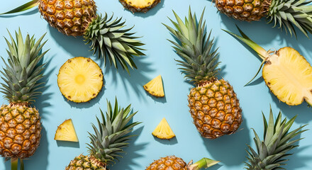Fototapeta premium Fresh pineapple background image tropical fruit flat lay summer food healthy eating vibrant color aesthetic