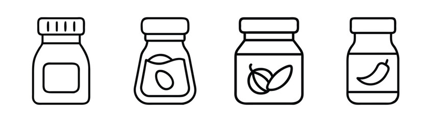 Outline condiment bottles vector art: ketchup, mustard, hot sauce, mayonnaise, dressing line art
