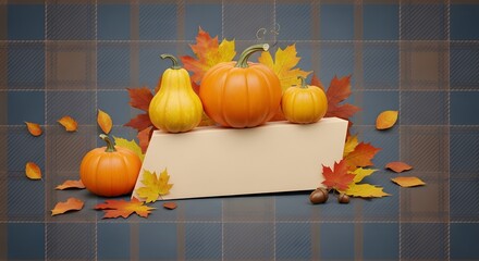 Vibrant autumn harvest arrangement featuring pumpkins, gourds, and colorful fall leaves on a rustic plaid background for seasonal promotions and designs