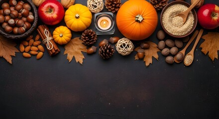Warm autumn harvest bounty with pumpkins, apples, nuts, spices, and glowing candle creates a cozy, inviting seasonal backdrop for holiday gatherings and festive decor