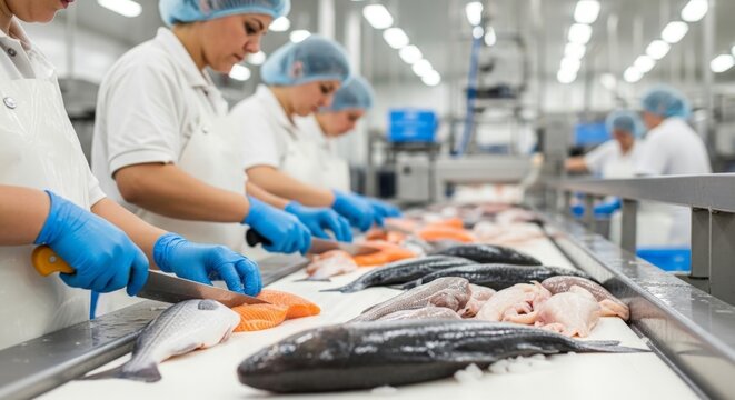 Workers processing and cutting fish at modern seafood factory