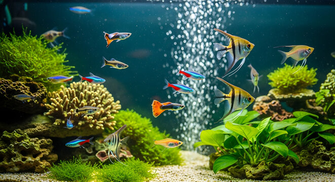 Aquarium fish tank with angelfish neon tetras guppies and plants for home decor and pet care enthusiasts