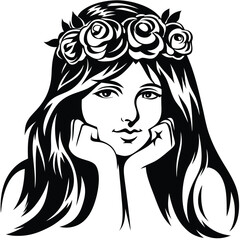 Beautiful woman with floral crown rests her face in her hands in monochrome