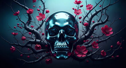 Skull art death metal floral design dark fantasy gothic horror halloween aesthetic wallpaper background on transparent background
