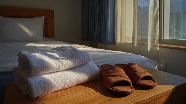 A sunlit room features a neatly made bed with white linens a stack of fluffy white towels and brown slippers on a wooden surface beside a window with curtains