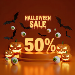 Halloween sale fifty percent off pumpkins bats eyeballs scary spooky season promotion discount offer on transparent background