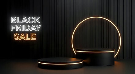 Black friday sale podiums for product display with neon lights and dark background promotion template 3d on transparent background
