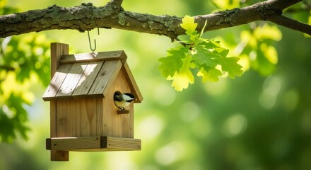 Wooden birdhouse close-up on tree branch for backyard wildlife and biodiversity concept