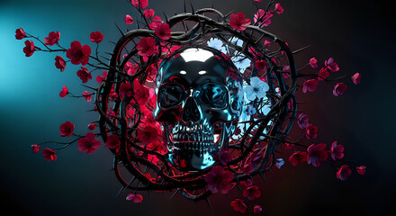 Skull art dark floral design gothic metal skull horror halloween death metalcore album cover design art 3d render on transparent background
