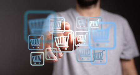 Close up of a hand touching shopping cart symbols, representing digital shopping, online purchases, and the convenience of e-commerce.