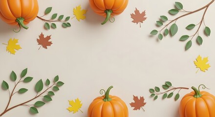 Vibrant pumpkins and colorful autumn leaves artfully arranged on a soft beige background, creating a warm seasonal invitation for your festive designs.