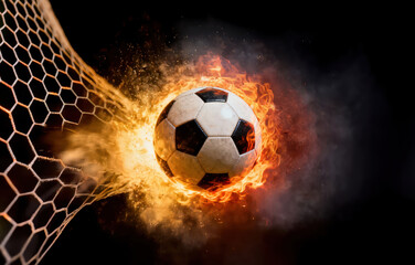 Dynamic soccer ball bursting through goal net with explosive flames at night. High-energy sports action captures intensity and power. Ideal for athletic competition and victory concepts.
