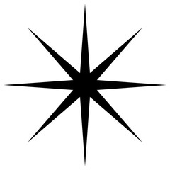 Simple clean black starburst icon with eight pointed rays, isolated. Minimalist geometric design element. Versatile for logos, graphics, decorations.

