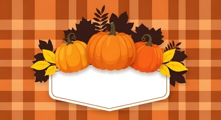 Vibrant autumn pumpkins and fall leaves adorn a cozy plaid background, perfect for seasonal greetings, promotions, and festive designs