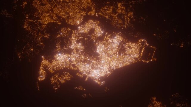 Singapore (Singapore) aerial view at night. Top view on modern city with glow effect. Camera is zooming out, rotating counterclockwise