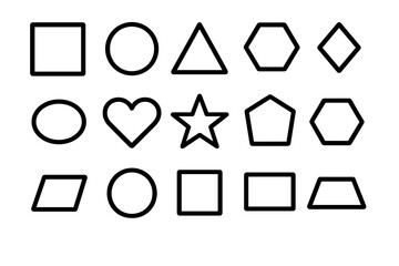 Different geometric shapes in black outline on a white background arranged in rows for educational purposes
