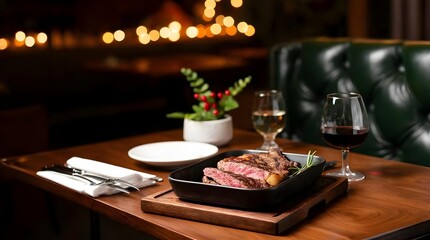 Naklejka premium Fine steak dinner in restaurant