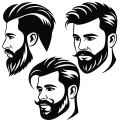 Black and white portraits of men showcasing various hairstyles and beards appear bold