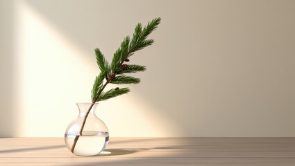 Fototapeta premium Elegant pine branch in clear vase creates peaceful modern atmosphere, perfect for holiday or nature themes
