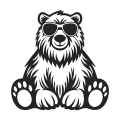 Black bear mascot sits coolly wearing sunglasses looking directly forward on an isolated background