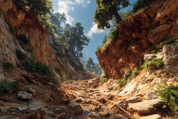 River flows between mossy cliffs with sandy path on the right cliffside, nature miniature model landscape scene