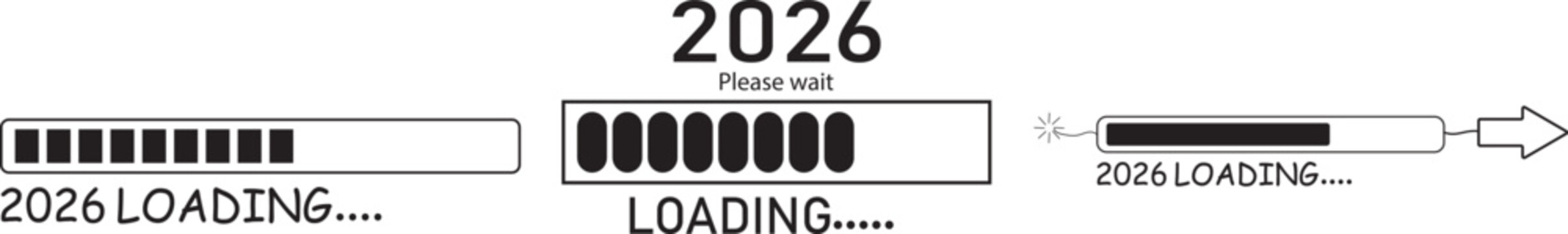 2026 loading bar doodle hand-drawn icon. loading  rocket screen displaying the year 2026. 2026 loading background vector illustration
