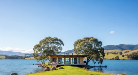 Modern house sits on a small island by a clear lake surrounded by rolling hills under a bright blue sky