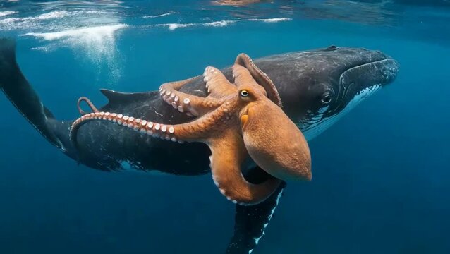 Octopus Riding on Whale Underwater in Deep Ocean Blue
