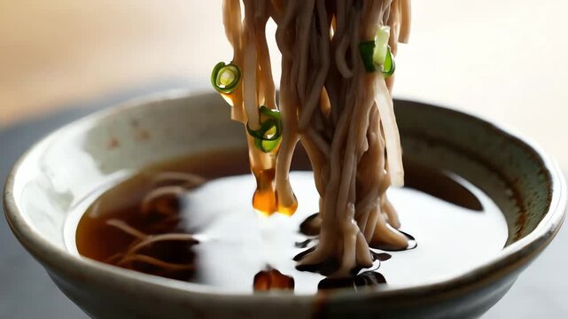 Close-up of Soba Noodles Being Lifted from Broth with Chopsticks.