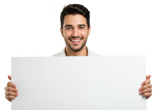 Smiling man holding a blank white sign isolated on transparent background