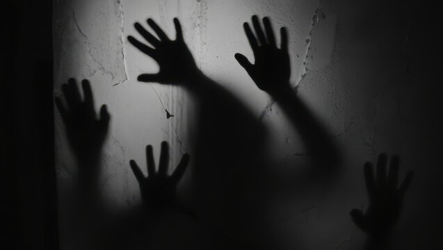 Eerie hand shadows reaching out from the darkness evoke a sense of mystery and suspense for horror themes