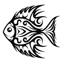 Black tribal fish design shows intricate swirling patterns prominently featured against white