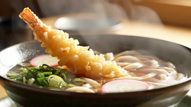 Delicious Steaming Bowl of Japanese Shrimp Tempura Udon Noodle Soup.