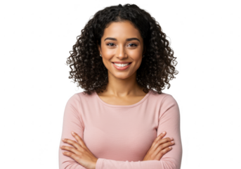 Smiling woman with curly hair arms crossed isolated on transparent background