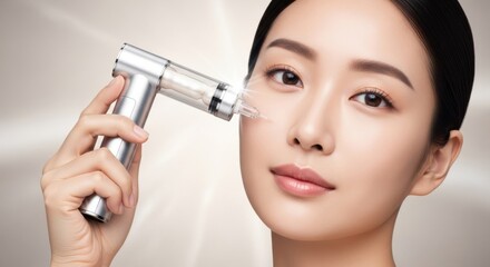 Woman using a skincare device to improve her complexion during a beauty treatment session at a salon