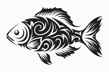 Bold fish swims forward adorned with intricate swirling patterns in classic monochrome tone