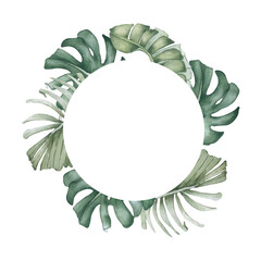 Tropical Watercolor circle frame of Banana Leaves and Monstera isolated. Lush foliage in soft pastel greens an elegant wreath hand drawn. Delicate jungle design for wedding, spa, packaging.