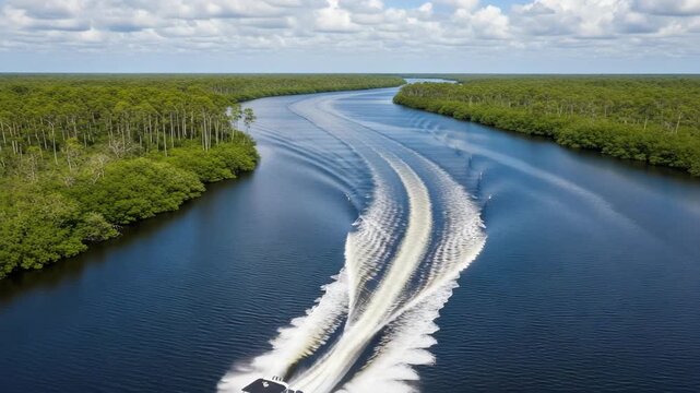 Aerial View of a Speedboat Creating White Wake on a Wide River Through Lush Green Forest