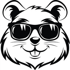 Cartoon hamster face sporting cool sunglasses displays playful cuteness in monochrome clarity