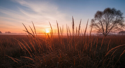 Scenic field view at sunrise with grass and solitary tree against sky, creating peaceful, natural aesthetic, evoking tranquility and new beginning
